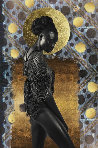 Okelarin says his work is "layered with emotional context" from his experiences of African cultural heritage. His series "She is Adorned" features digitally rendered collages blending imagery from Yoruba culture, layered onto indigenous Adire fabric. Pictured, "Constellations of Beauty" (2020).