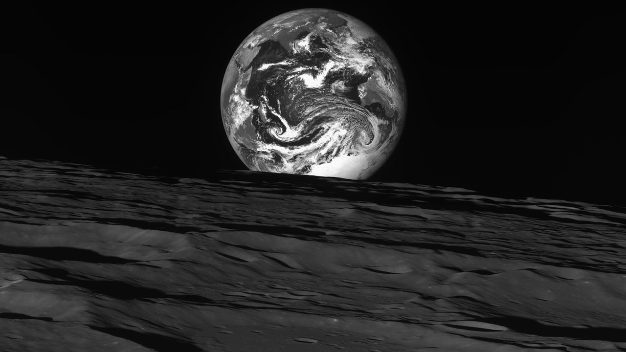 The Korean Pathfinder Lunar Orbiter captured an image of the Earth rising above the lunar surface shortly after arriving in orbit around the moon.