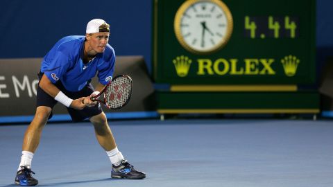 Lleyton Hewitt waits for Marcos Baghdatis' serve at 4:30 a.m. at the 2008 Australian Open.