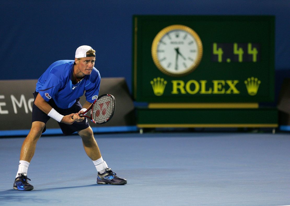 Lleyton Hewitt waits for Marcos Baghdatis' serve at 4:30 a.m. at the 2008 Australian Open. 