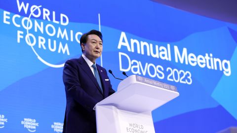 South Korean President Yoon Suk Yeol speaking at the World Economic Forum in Davos, Switzerland on Jan. 19, 2023.