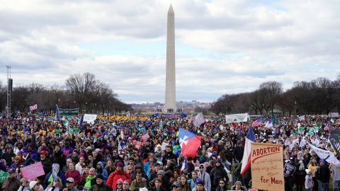 People participate in the March for Life rally in front of the Washington Monument on January  20, 2023.