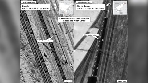 In deze luchtfoto van de Amerikaanse regering zijn Russische treinwagons te zien die tussen Rusland en Noord-Korea rijden. 