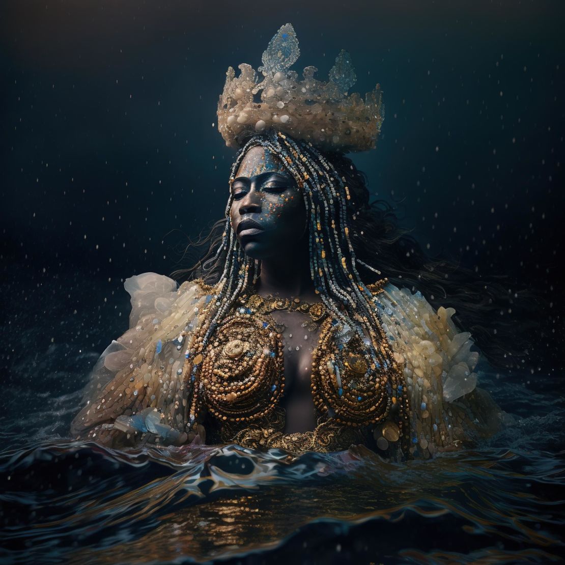 In this work, Okelarin reimagines Olokun, the Yoruba goddess of the oceans, seas and wealth. 