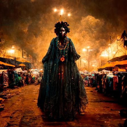 Inspired by Aje, the Yoruba deity of trade and wealth, this image is set in a Lagos marketplace, the majority of which are run by women. .