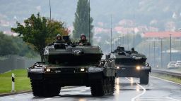 BAD FRANKENHAUSEN, GERMANY - SEPTEMBER 15: Two Leopard 2 A7V battle tanks prior an event to mark the reception of the first units of the new tank on September 15, 2021 in Bad Frankenhausen, Germany. Panzerbataillon 393 is part of NATO's Very High Readiness Joint Task Force (VJTF). (Photo by Jens Schlueter/Getty Images)