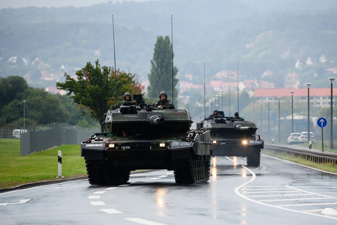 Two Leopard 2 tanks prior an event to mark the reception of the first units of the new tank on September 15, 2021 in Bad Frankenhausen, Germany.