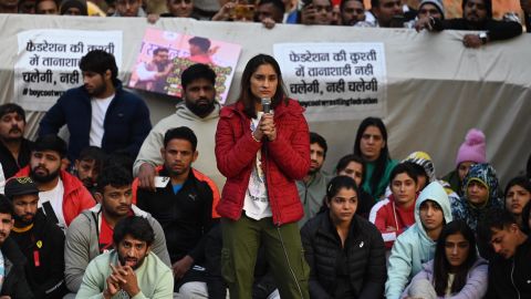 Wrestlers Vinesh Phogat with Sakshi Malik and Bajrang Punia during a protest against the Wrestling Federation of India (WFI) on January 20, 2023 in New Delhi.  