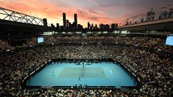 This picture shows a general view at sunset of the Rod Laver Arena during the men's singles match between Bulgaria's Grigor Dimitrov and Serbia's Novak Djokovic on day six of the Australian Open tennis tournament in Melbourne on January 21, 2023. - -- IMAGE RESTRICTED TO EDITORIAL USE - STRICTLY NO COMMERCIAL USE -- (Photo by ANTHONY WALLACE / AFP) / -- IMAGE RESTRICTED TO EDITORIAL USE - STRICTLY NO COMMERCIAL USE -- (Photo by ANTHONY WALLACE/AFP via Getty Images)