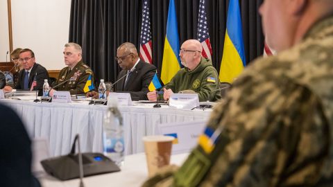 Defense officials are pictured at the Ukraine Defense Contact Group at Ramstein Air Base on January 20, 2023.  Leopard tanks: With a Russian offensive looming, Ukrainian officials battle to train military up with new Western weapons 230121115626 boris pistorius oleksii reznikov