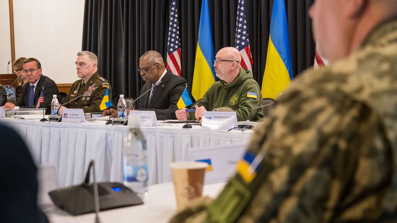 Defense officials are pictured at the Ukraine Defense Contact Group at Ramstein Air Base on January 20, 2023.
