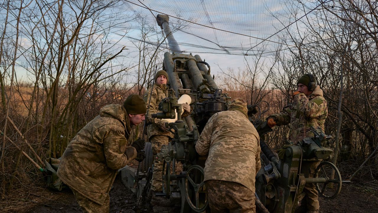 A Ukrainian artillery brigade operates a US-made Howitzer M777 cannon in the eastern Ukrainian town of Bakhmut on December 29, 2022.  
