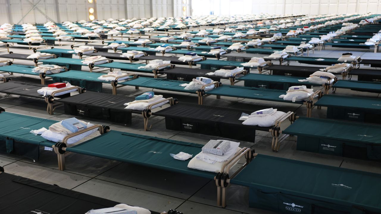 Beds are seen in the dormitory during a tour of the Randall's Island Humanitarian Emergency Response and Relief Center on October 18, 2022 in New York City.