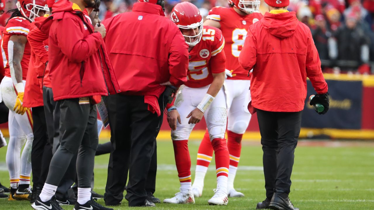 Mahomes looked in pain on the sidelines after landing awkwardly after a tackle.