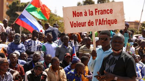 People demand the departure of French troops from Burkina Faso at a protest in  Ouagadougou on January 20, 2023.