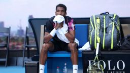 MELBOURNE, AUSTRALIA - JANUARY 22: Felix Auger-Aliassime of Canada looks on during the fourth round singles match against Jiri Lehecka of the Czech Republic during day seven of the 2023 Australian Open at Melbourne Park on January 22, 2023 in Melbourne, Australia. (Photo by Cameron Spencer/Getty Images)