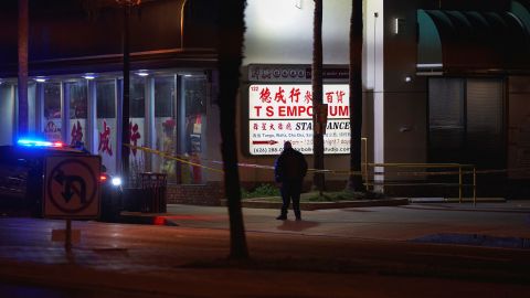 Police respond to the mass shooting Saturday night in Monterey Park, Caifornia.