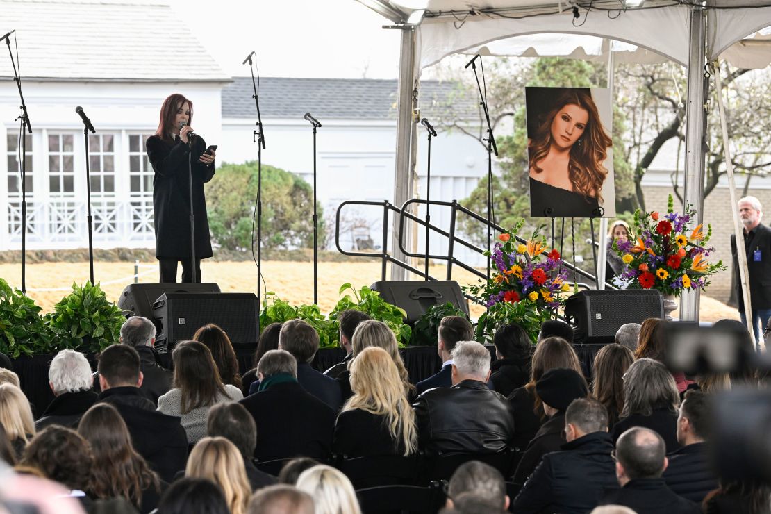 Priscilla Presley at the memorial service for her daughter Lisa Marie Presley at Graceland on Sunday.