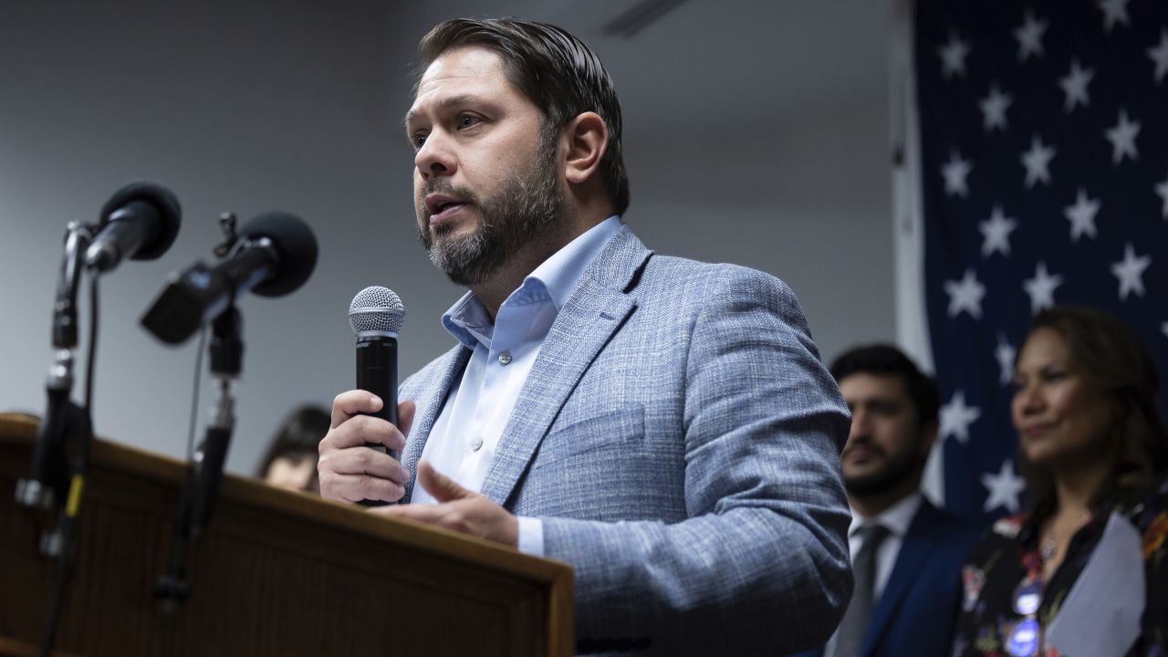 Arizona Rep. Ruben Gallego speaks during a news conference with newly elected Hispanic House members at the DCCC headquarters in Washington, DC, on November 18, 2022.