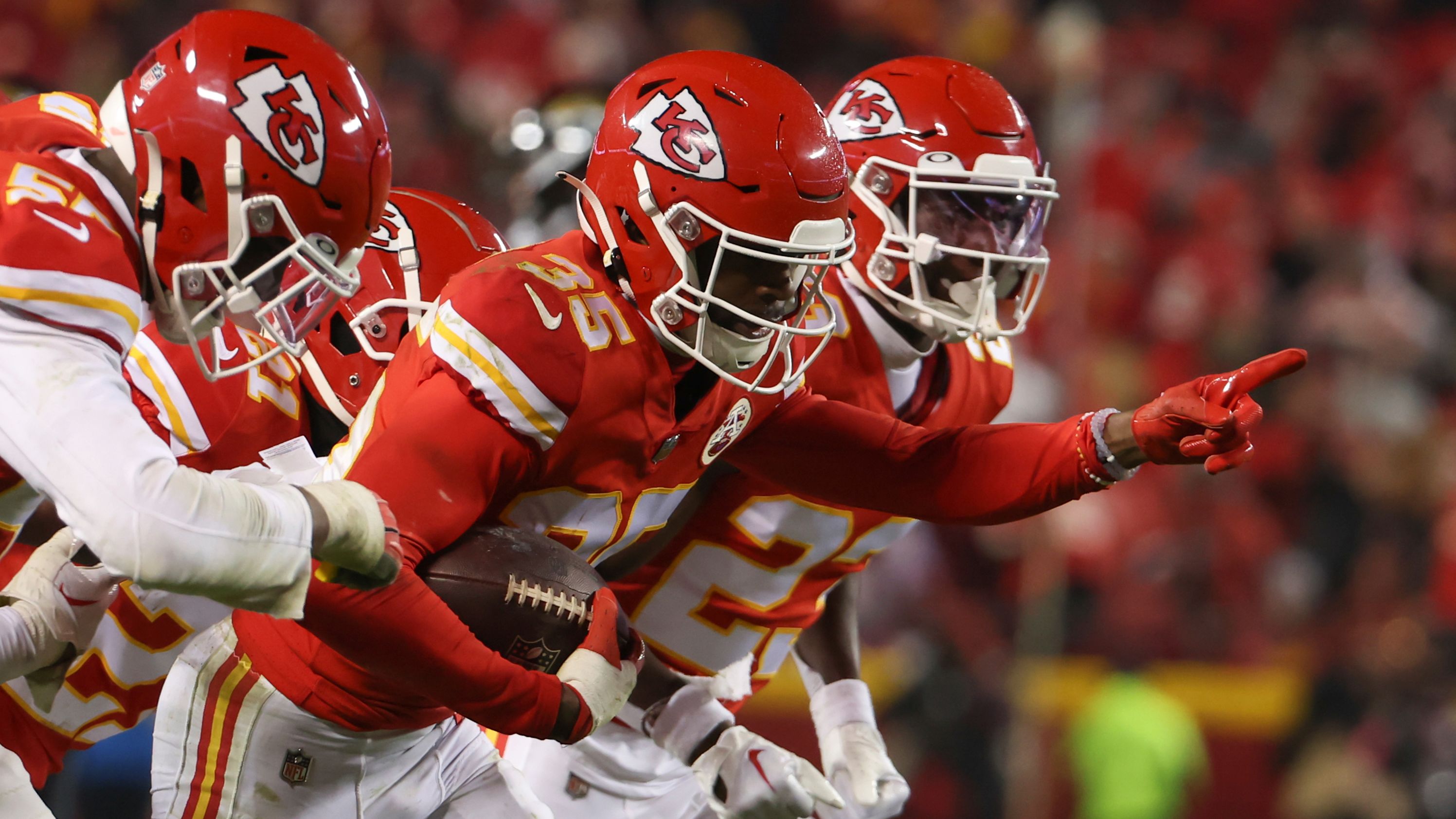 Kansas City Chiefs cornerback Jaylen Watson celebrates an interception late in the fourth quarter of the game against the Jacksonville Jaguars. Despite Chiefs quarterback Patrick Mahomes appearing to suffer a serious ankle injury, Kansas City was able to beat the Jaguars 27-20 to advance to play the Bengals.