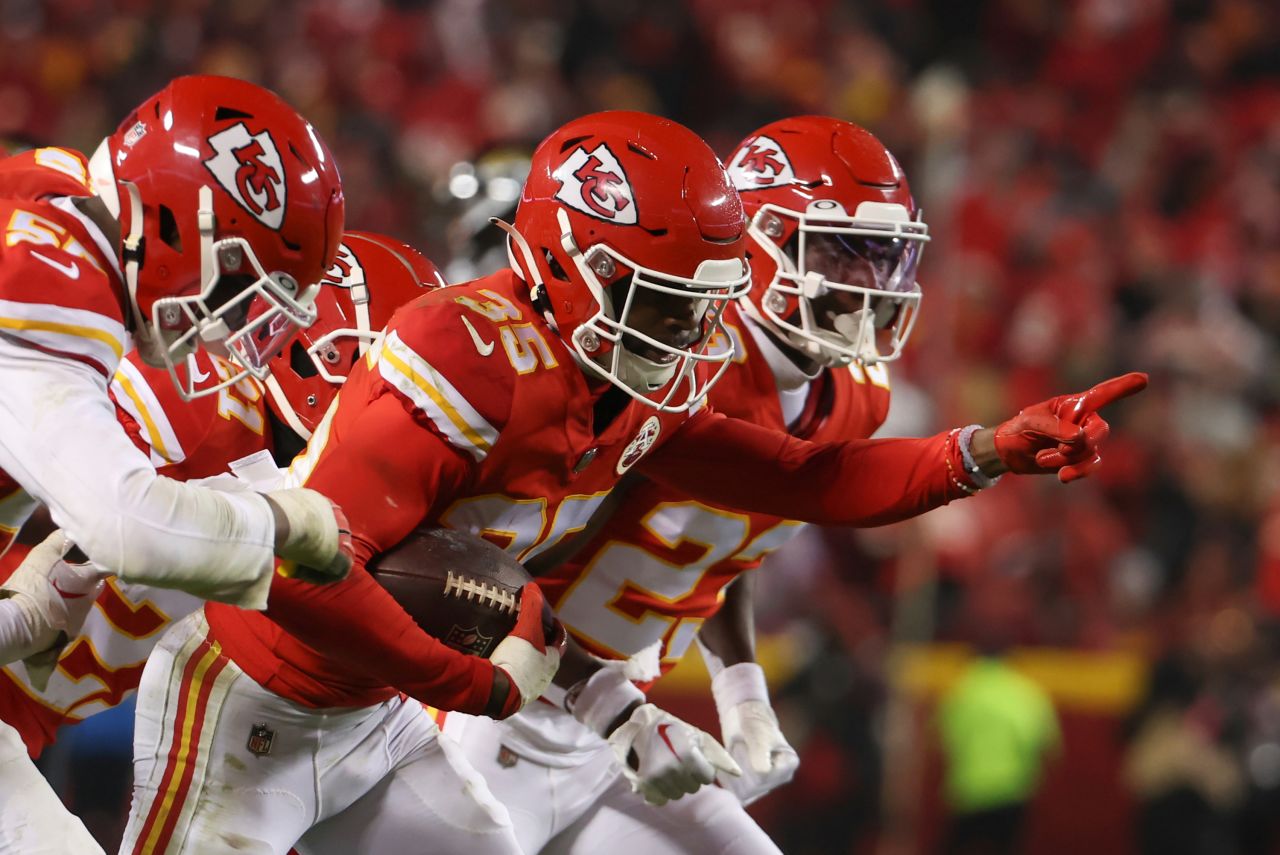 Kansas City Chiefs cornerback Jaylen Watson celebrates an interception late in the fourth quarter of the game against the Jacksonville Jaguars. Despite Chiefs quarterback Patrick Mahomes appearing to suffer a serious ankle injury, Kansas City was able to beat the Jaguars 27-20 to advance to play the Bengals.