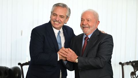 Brazil's President Luiz Inacio Lula da Silva poses for a picture with Argentina's President Alberto Fernandez during a bilateral meeting in Brasilia on Jan. 2, 2023.