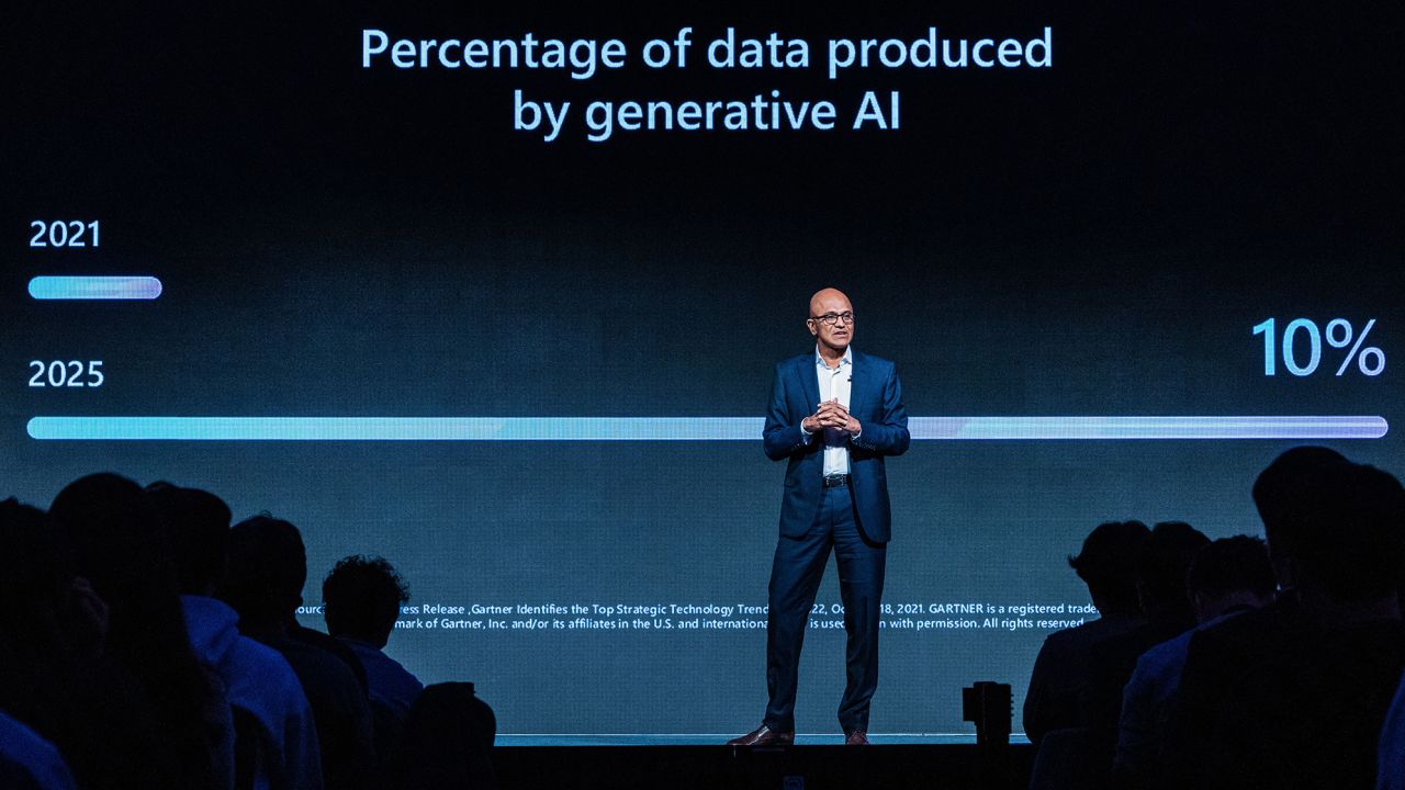 Microsoft CEO Satya Nadella delivers a keynote speech at a hotel in Seoul, South Korea, 15 November 2022. 