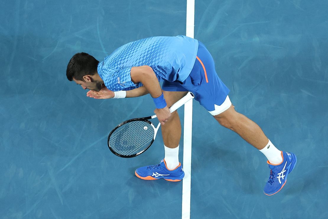 Novak Djokovic celebrates after beating Alex de Minaur to reach the quarterfinals.