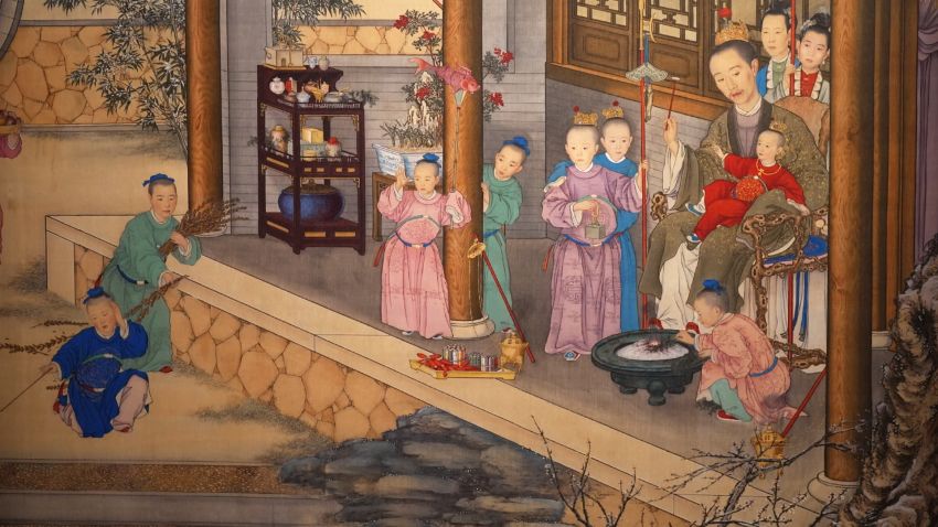 Closeup of a Qing dynasty painting at the Hong Kong Palace Museum (January 18, 2023).  Color Corrected.