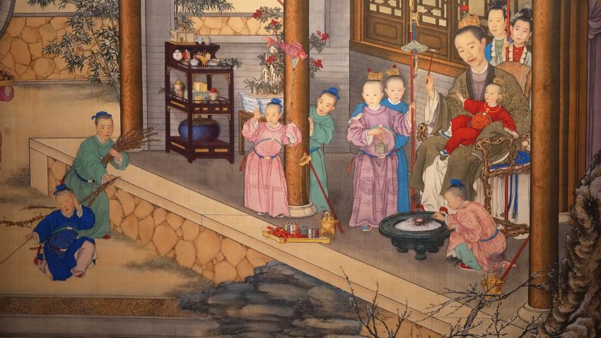 Closeup of a Qing dynasty painting at the Hong Kong Palace Museum (January 18, 2023). Color Corrected.