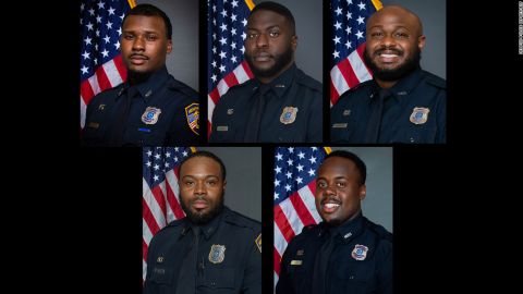 Pictured, from left, are former officers Justin Smith, Emmitt Martin III and Desmond Mills and, below, from left, Demetrius Haley and Tadarrius Bean.