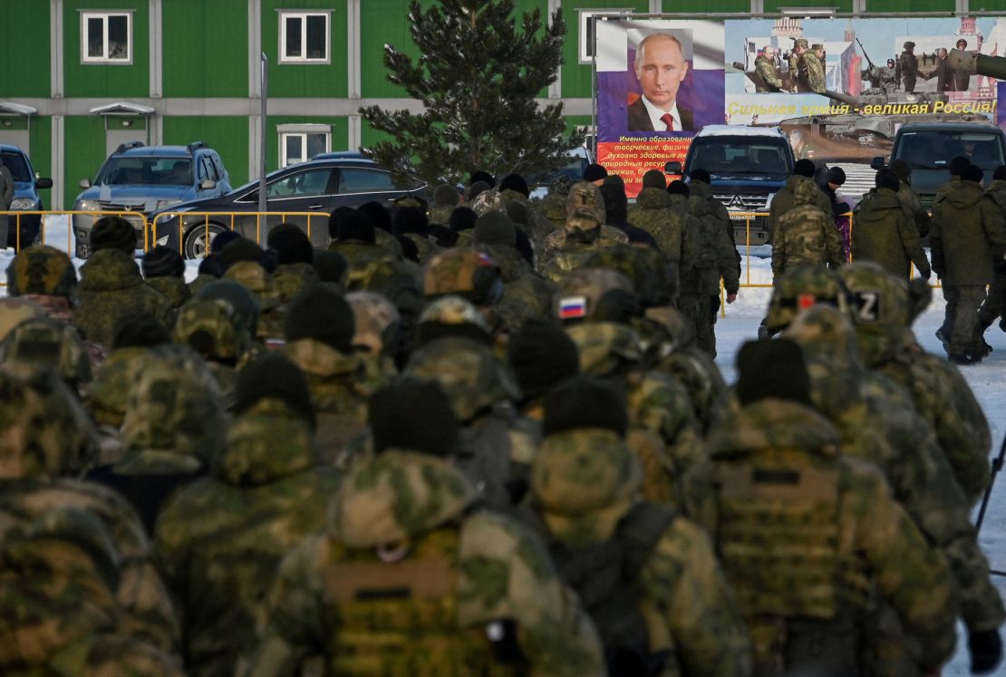 Russian reservists during a ceremony before their departure in Omsk, Russia on January 6, 2023.