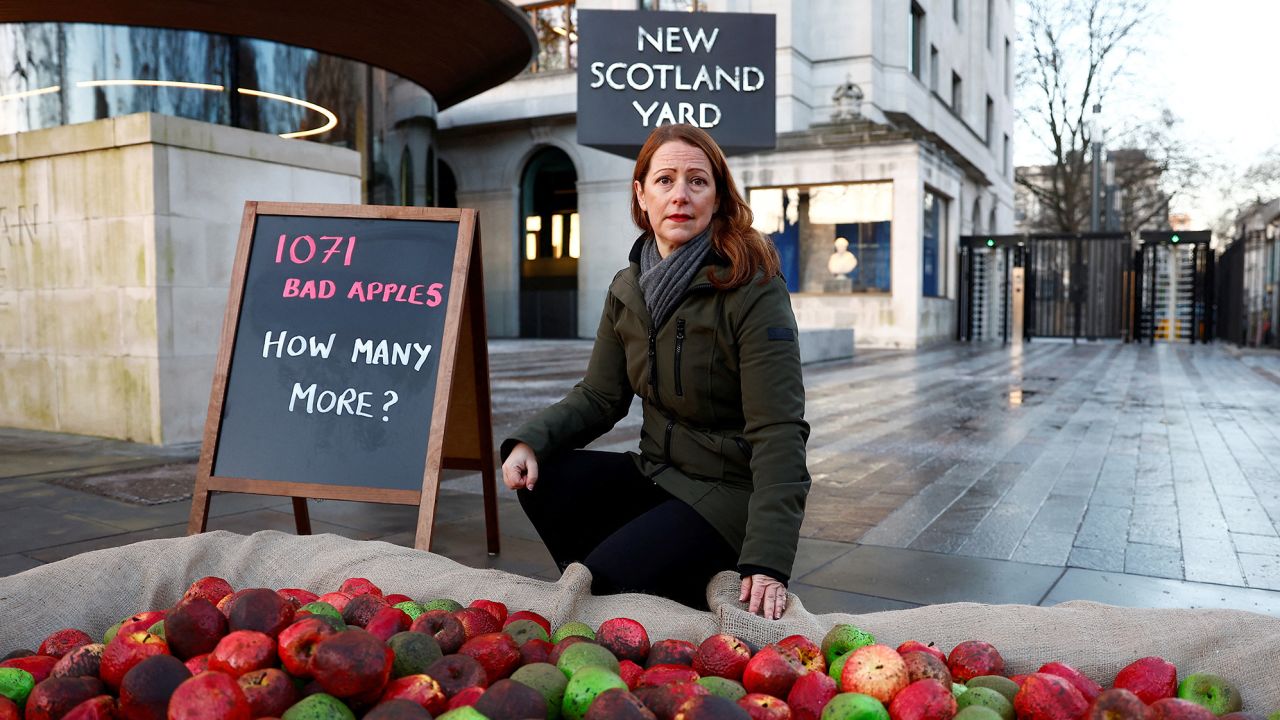 Ruth Davison, CEO of UK domestic violence charity Refuge, pictured at the rotten apples protest on January 20.