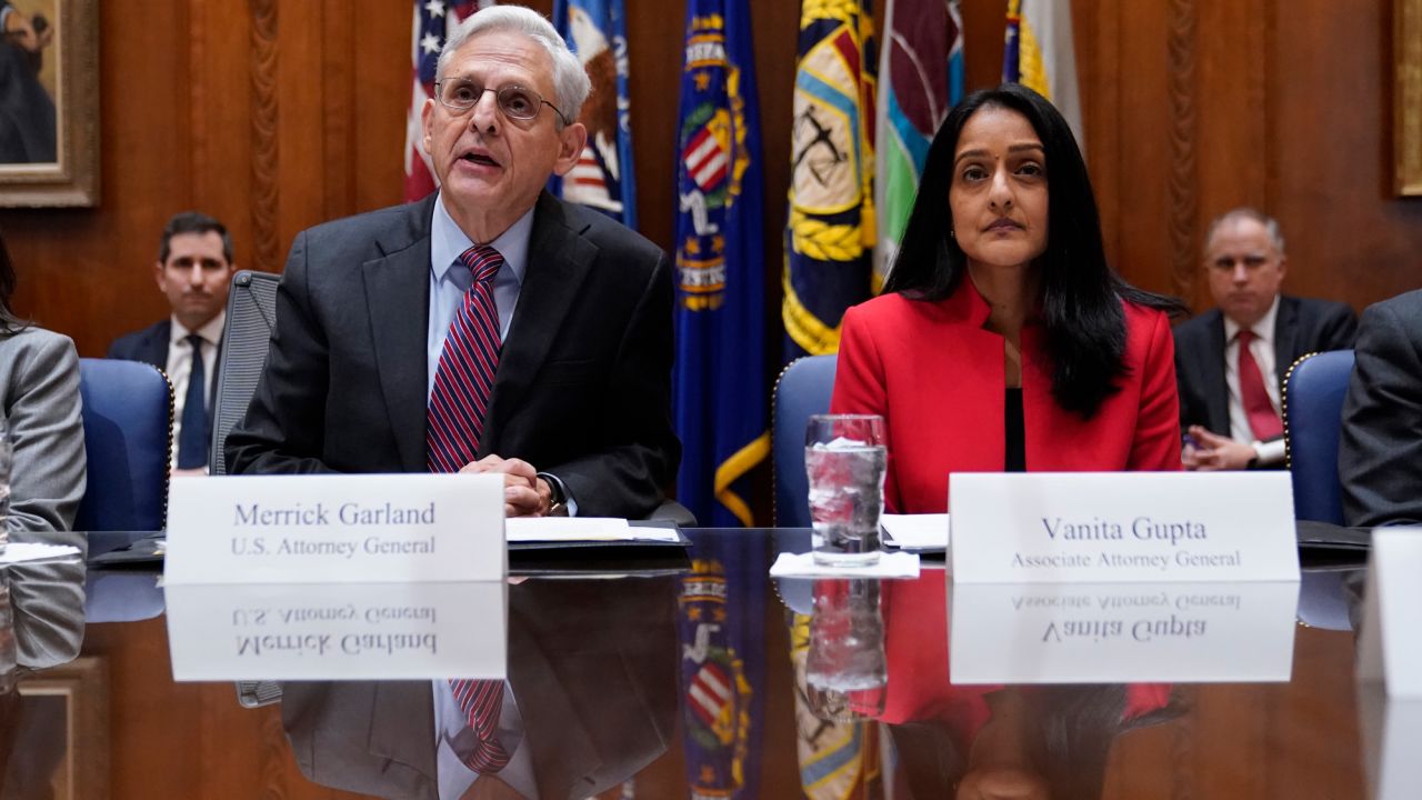 Attorney General Merrick Garland and Associate Attorney General Vanita Gupta at the Department of Justice in Washington, Monday, Jan. 23. 