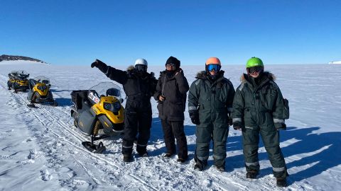 The expedition team (from left) is shown: Maria Schönbächler of ETH-Zurich, Ryoga Maeda of Vrije Universiteit Brussel and Université Libre de Bruxelles, Vinciane Debaille of ULB, and Maria Valdes of the Field Museum and University of Chicago. 