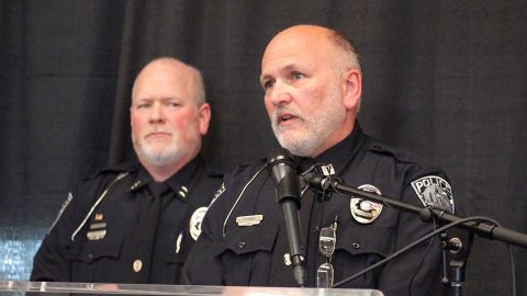 Capt. Roger Lanier, right, at a November 2022 news conference concerning the stabbing deaths of four University of Idaho students. The case attracted massive public interest and interference from forceful true crime watchers. 
