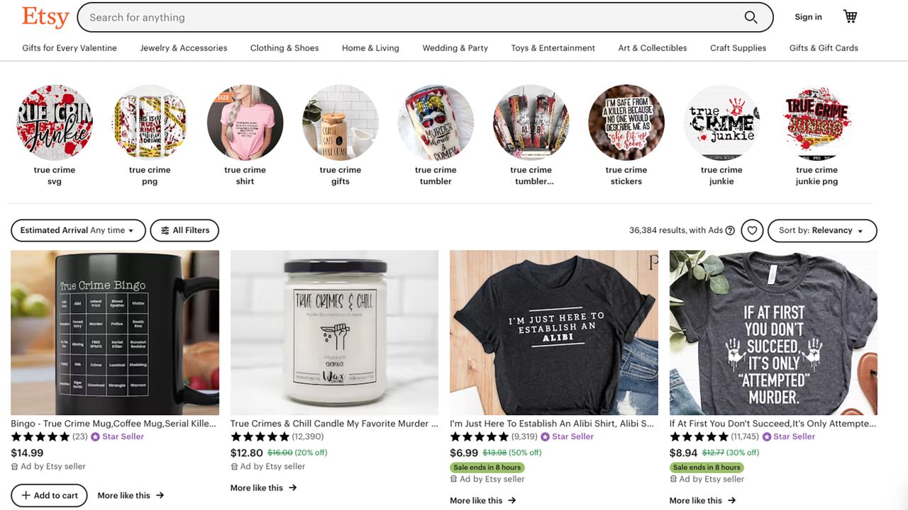 An offering of true crime merchandise from Etsy.