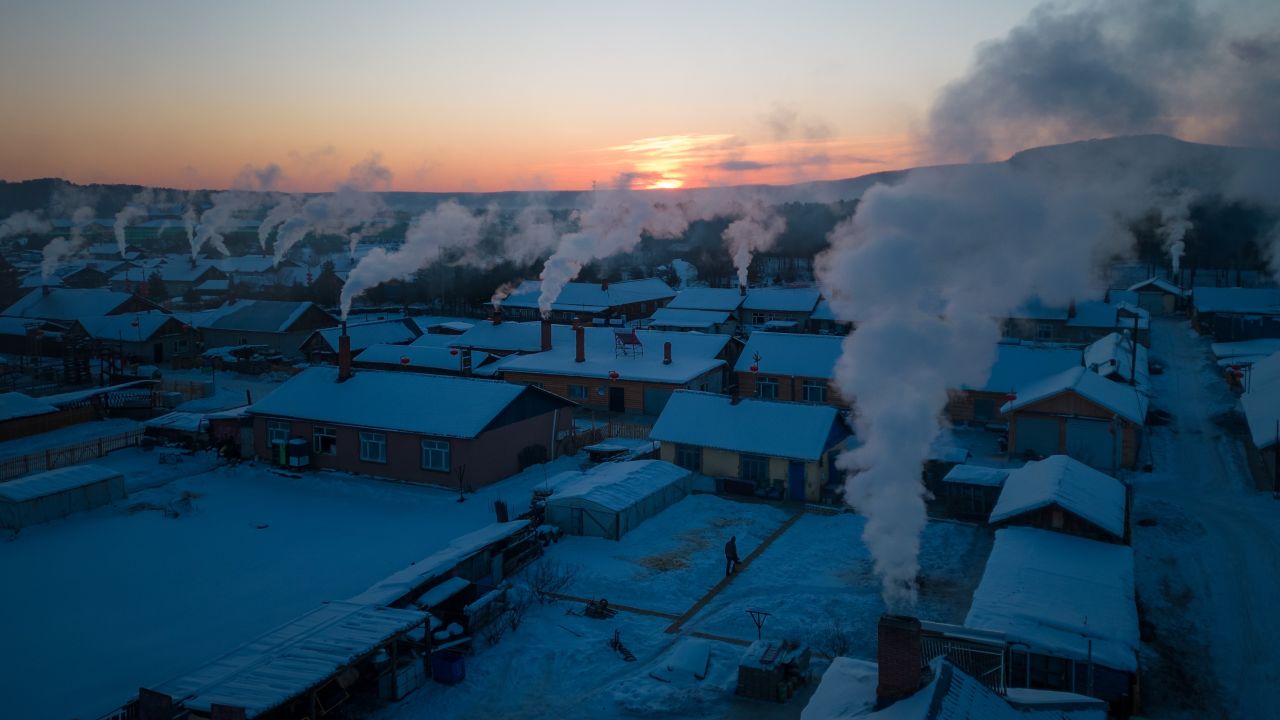 This photo taken on January 8, 2023 shows an early morning view of Beiji Village in Mohe, northeast China's Heilongjiang Province.