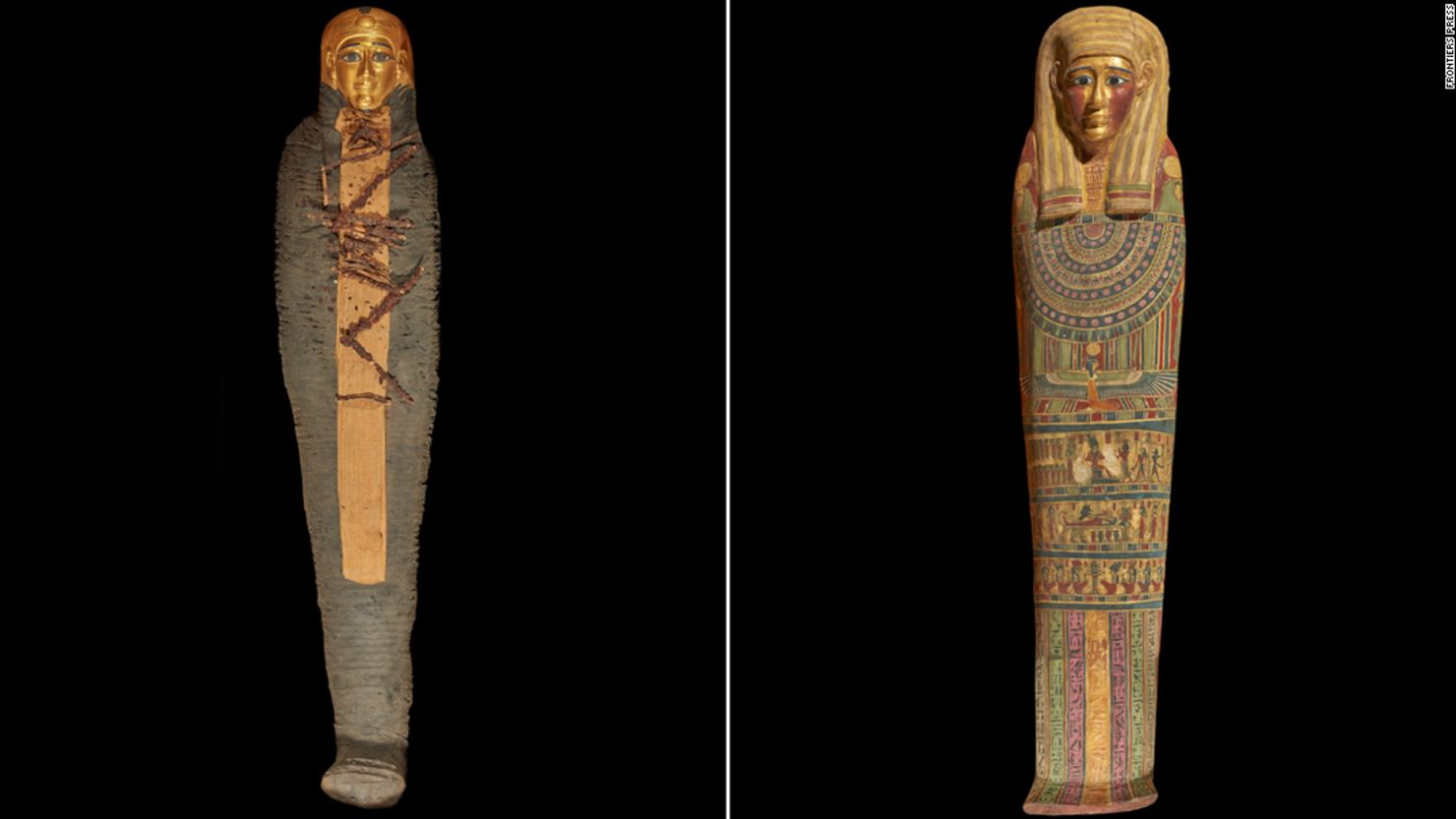 The "golden boy" was buried in a decorated sarcophagus (right) and found wearing a gold mask (left). 