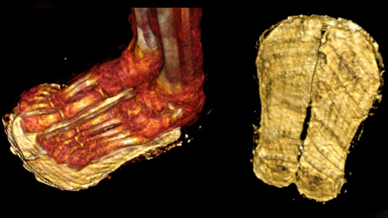 The mummy was found wearing sandals.