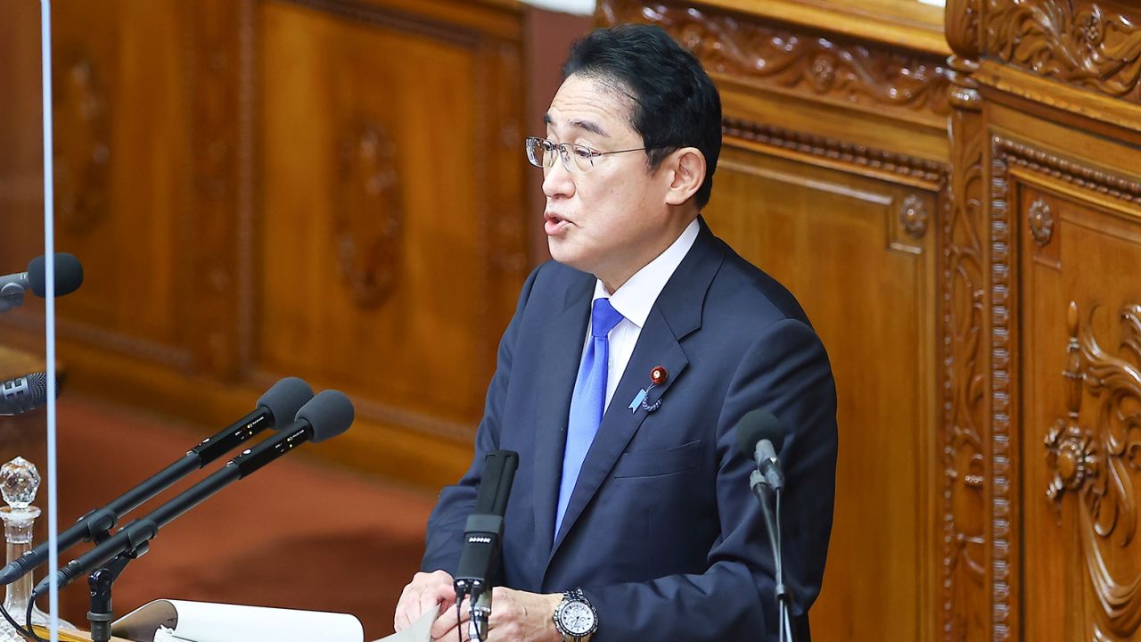 Japan's Prime Minister Fumio Kishida delivers a policy speech in Tokyo on January 23, 2023.