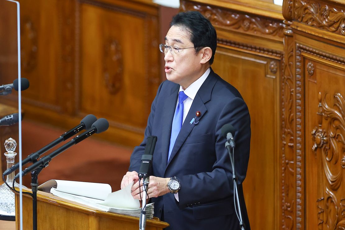 Japan's Prime Minister Fumio Kishida delivers a policy speech in Tokyo on January 23, 2023.