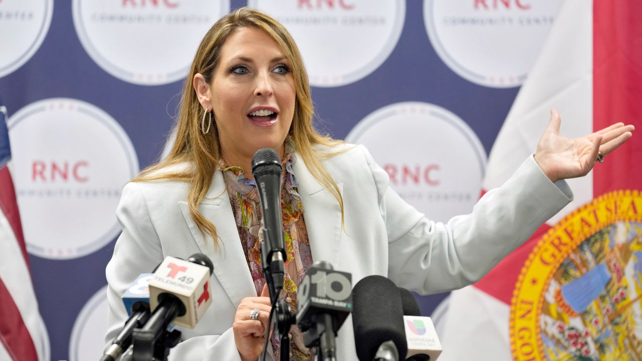 In this file photo, Republican National Committee chairman Ronna McDaniel speaks during a Get Out To Vote rally on Oct. 18, 2022, in Tampa, Florida.