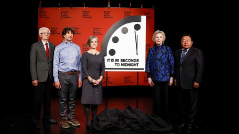From left: Members of the Bulletin of the Atomic Scientists Siegfried S. Hecker, Daniel Holz, Sharon Squassoni, Mary Robinson and Elbegdorj Tsakhia stand for a photo with the 2023 Doomsday Clock in Washington, DC, on January 24.