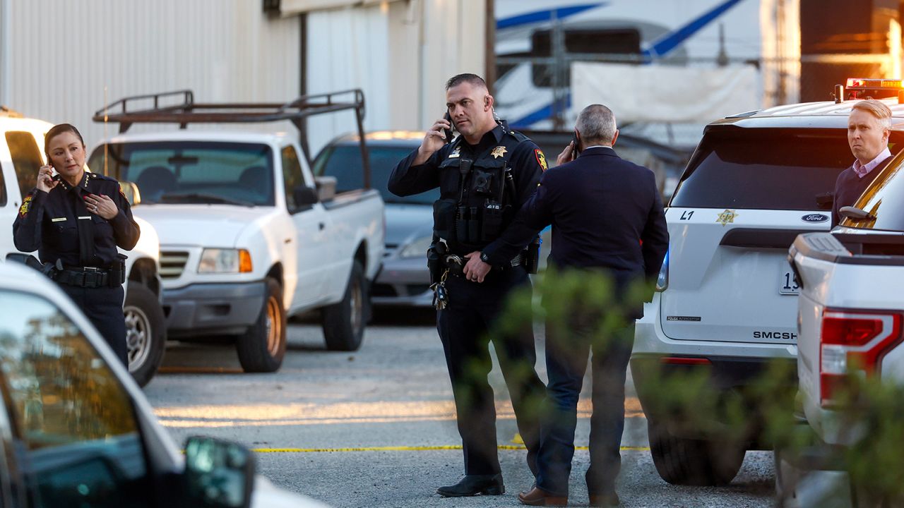 Law enforcement investigate a shooting off state Highway 92 in Half Moon Bay, California, Monday, January 23, 2023.