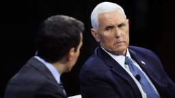 Andrew Ross Sorkin speaks with former Vice President Mike Pence during the New York Times DealBook Summit in the Appel Room at the Jazz At Lincoln Center on November 30, 2022 in New York City.