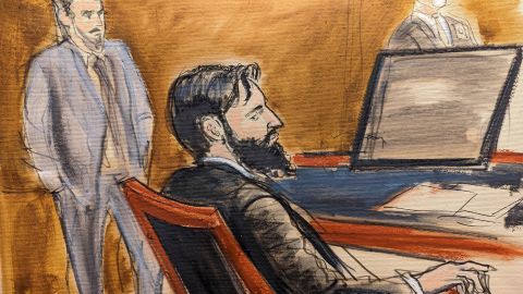 In this sketch in the courtroom, Saipov listens during closing arguments on Tuesday.