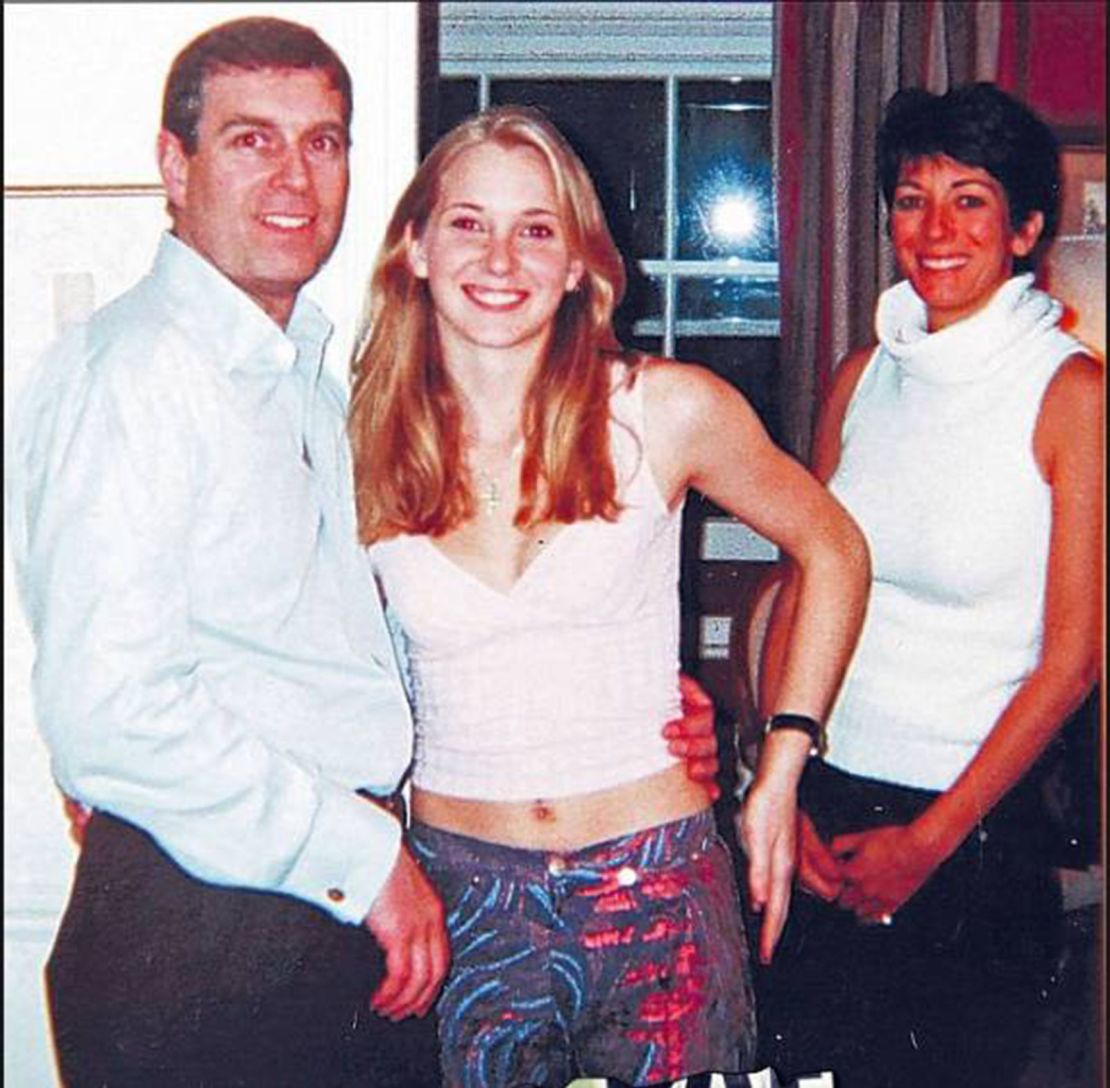 A photograph appearing to show Prince Andrew with Jeffrey Epstein's accuser, Virginia Roberts Giuffre, and, in the background, Ghislaine Maxwell