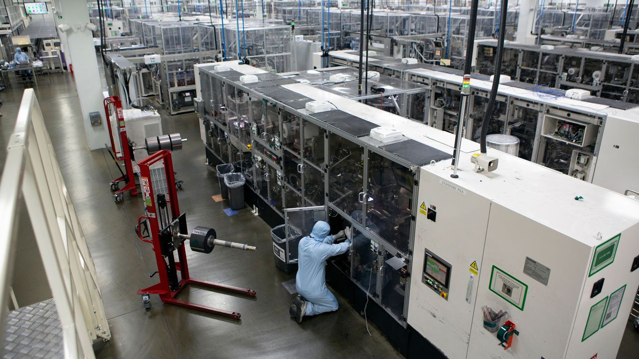 Workers in the cell manufacture area at Envision's gigafactory in Sunderland in the north east of England.