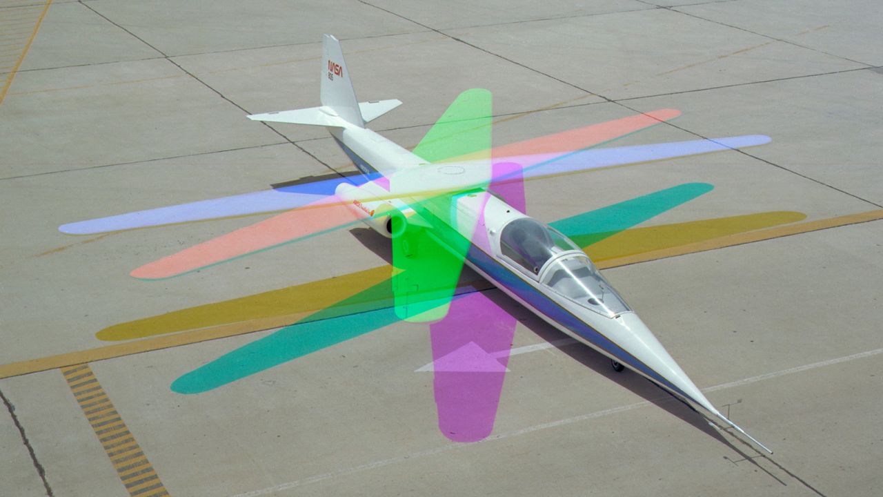 A multiple exposure image showing wing movement on the AD-1.
